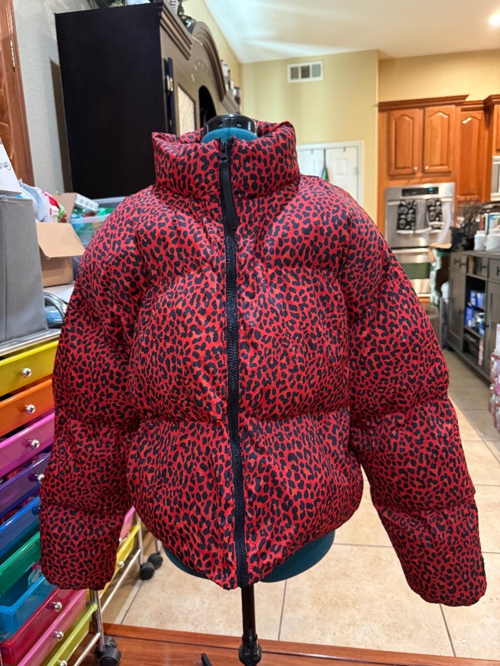 Fabletics Red and Black Cheetah Puffer Jacket XXL NWOT